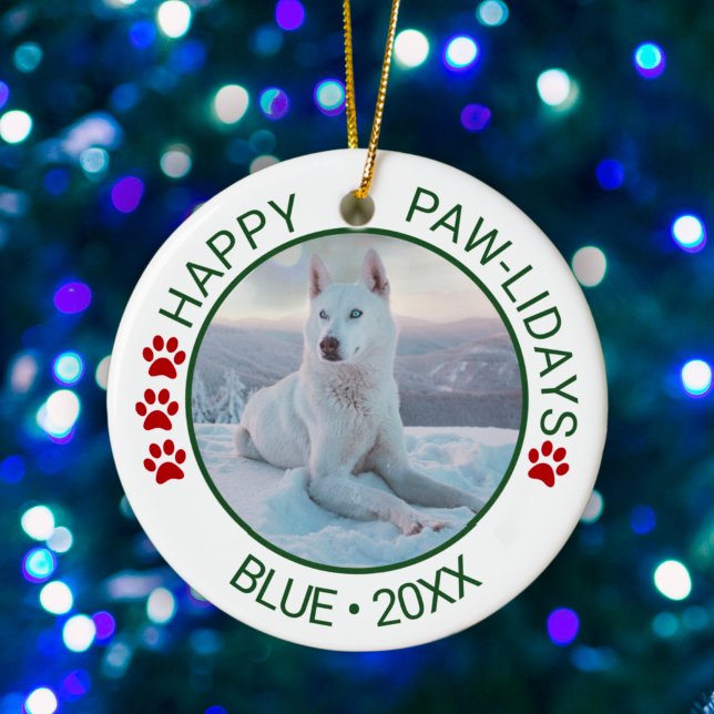 Happy Paw-lidays Custom Pet Photo Name Ceramic Ornament (Creator Uploaded)