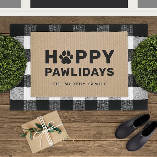 Happy Pawlidays Black and Tan Custom Dog Name Door Doormat