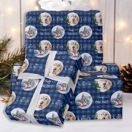 Happy Pawlidays Blue Holiday Plaid Cat Dog Photo Wrapping Paper