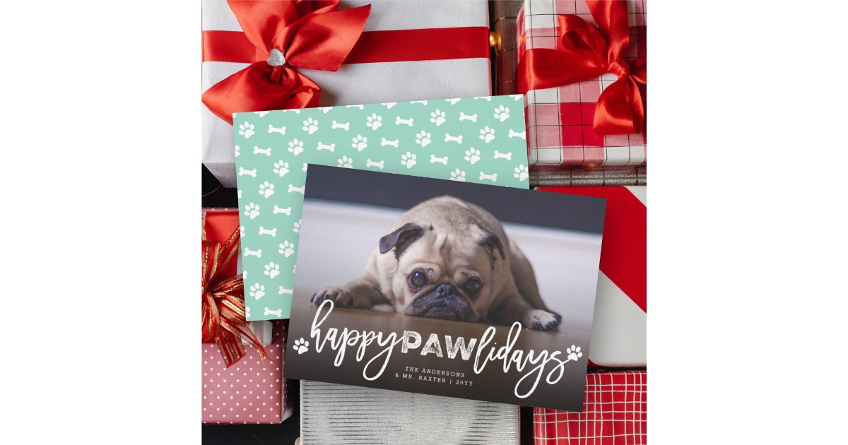 Happy Pawlidays Brush Script Dog Lover Photo Pet Holiday Card | Zazzle
