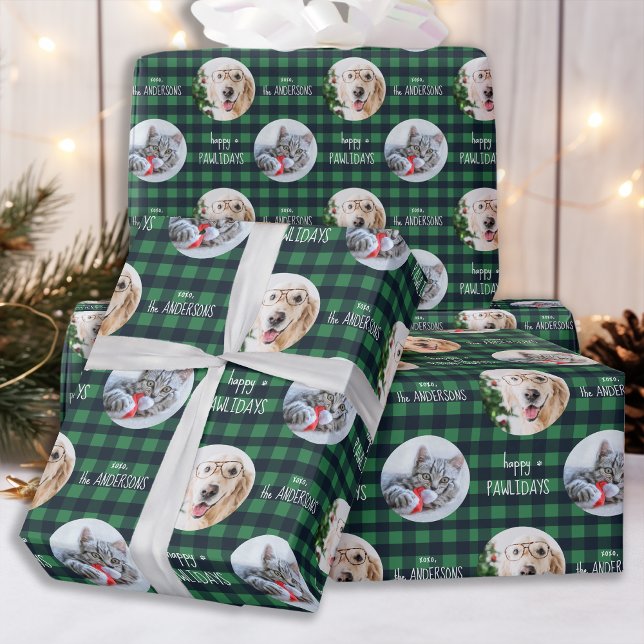 Happy Pawlidays Buffalo Plaid Custom Cat Dog Photo Wrapping Paper (Creator Uploaded)