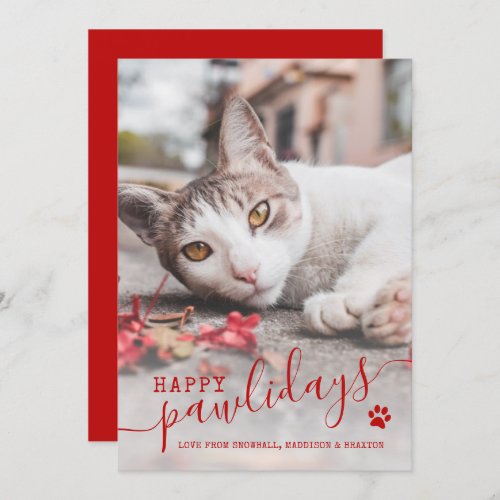 Happy Pawlidays Cat Photo Pet Red Christmas  Holid Holiday Card