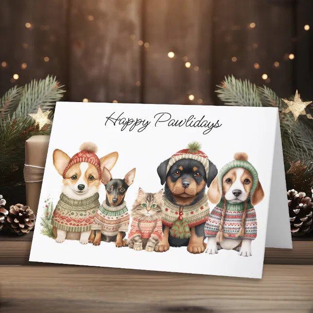 Happy Pawlidays Christmas Cute Dog Cat Pets Holiday Card | Zazzle