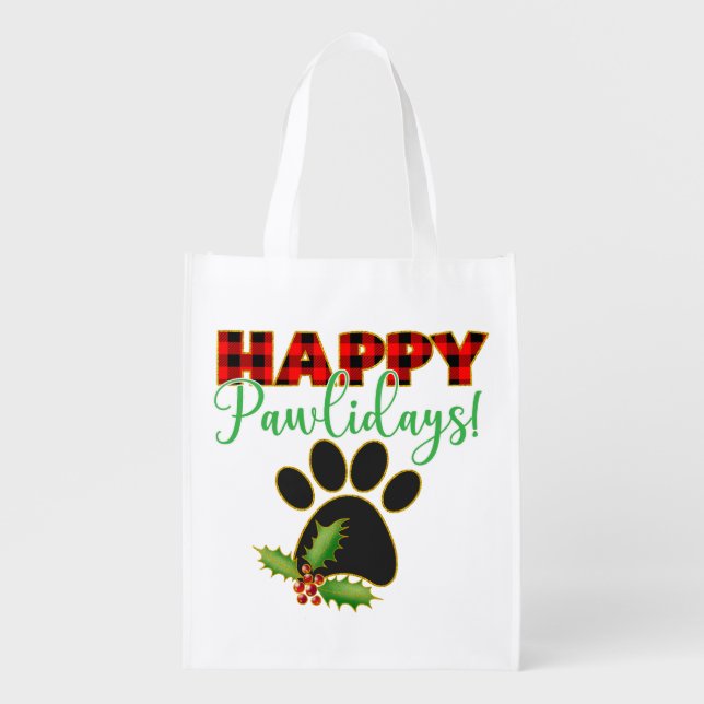 Happy Pawlidays | Christmas Gift for Dog Lover Grocery Bag (Front)