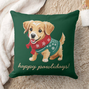 Happy Pawlidays Christmas Sweater Goldie Puppy Throw Pillow