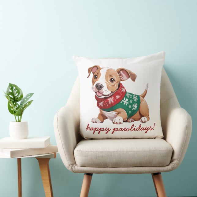 Happy Pawlidays | Christmas Sweater Pitbull Puppy Throw Pillow (Chair)