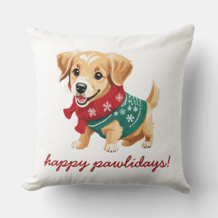 Happy Pawlidays Cozy Christmas Golden Retriever Throw Pillow