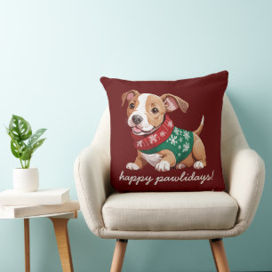 Happy Pawlidays Cozy Christmas Pitbull Puppy Throw Pillow