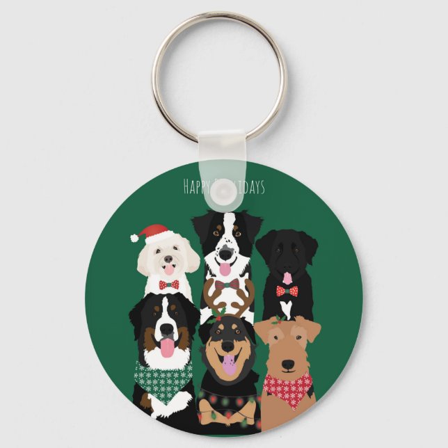 Happy Pawlidays Cute Christmas Dogs Keychain (Front)
