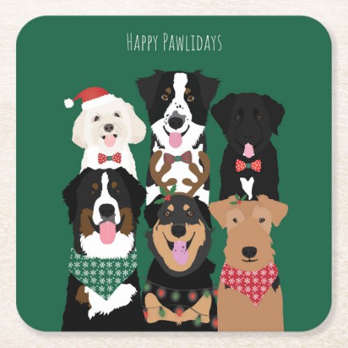 Happy Pawlidays Cute Christmas Dogs Square Paper Coaster