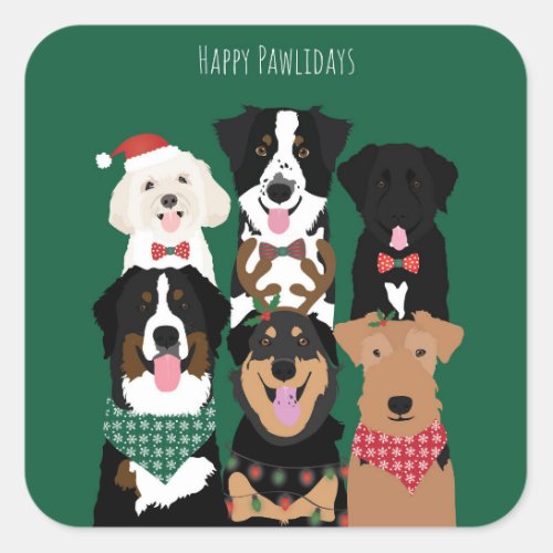 Happy Pawlidays Cute Christmas Dogs Square Sticker