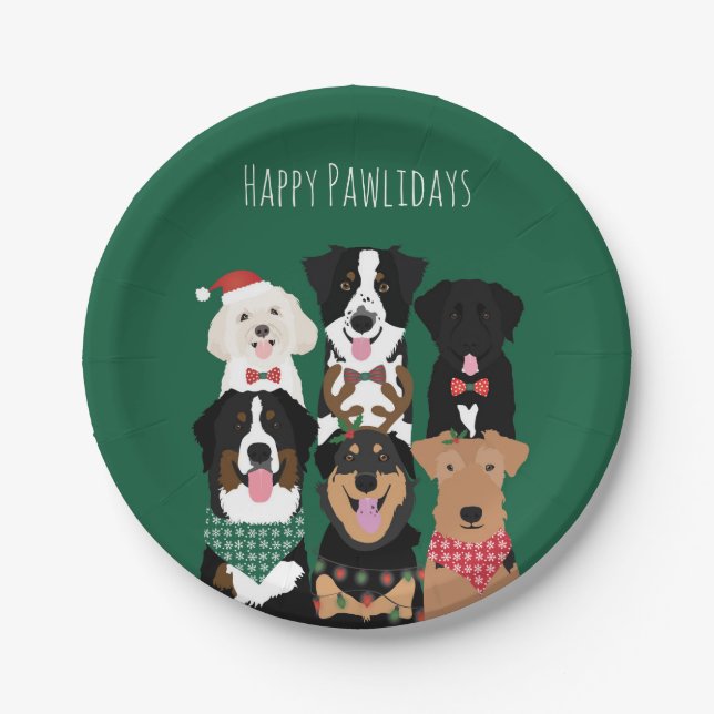 Happy Pawlidays Cute Christmas Paper Plates (Front)