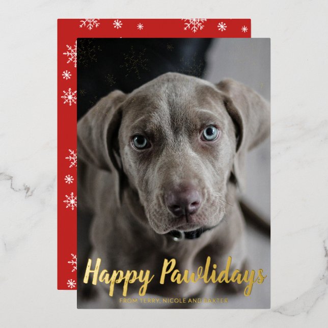 Happy Pawlidays Cute Dog Photo Modern Christmas Foil Holiday Card (Front/Back)