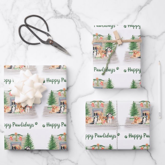 Happy Pawlidays Cute Dogs Dog Lover Christmas Wrapping Paper Sheets (Front)