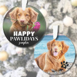 Happy Pawlidays Cute Puppy Dog Christmas Ornament<br><div class="desc">Personalized "Happy PAWlidays" Dog Photo Ornament. Add some holiday cheer and humor to your decor with this playful dog ornament, perfect for showcasing your pup’s mischievous side. The front features the festive text "Happy PAWlidays" as a fun twist on the traditional Happy Holidays greeting, along with your dog’s name, capturing...</div>