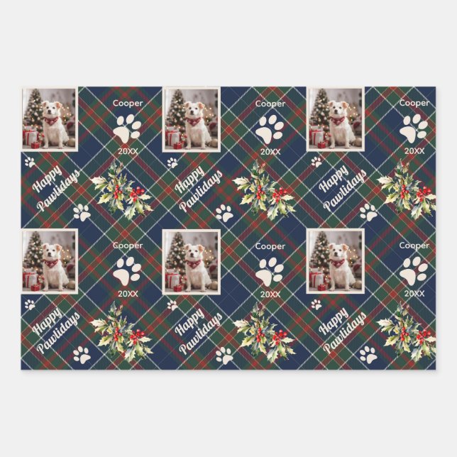 Happy Pawlidays Dog Blue Plaid Christmas Wrapping Paper Sheets (Front)