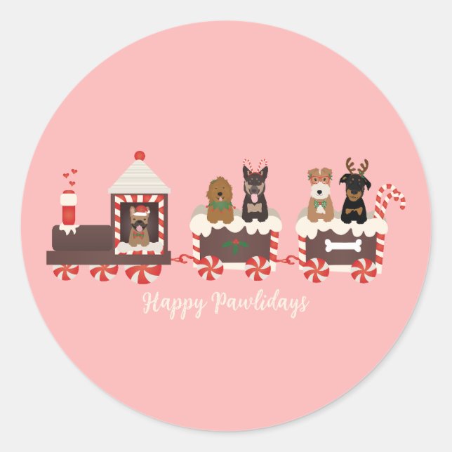 Happy Pawlidays Dog Christmas Holiday Train Classic Round Sticker (Front)