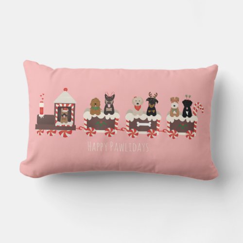 Happy Pawlidays Dog Christmas Holiday Train Lumbar Pillow