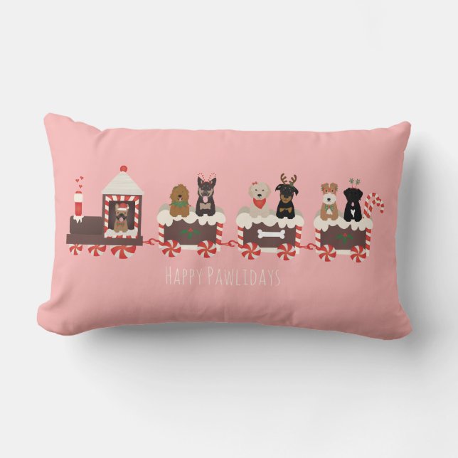 Happy Pawlidays Dog Christmas Holiday Train Lumbar Pillow (Front)