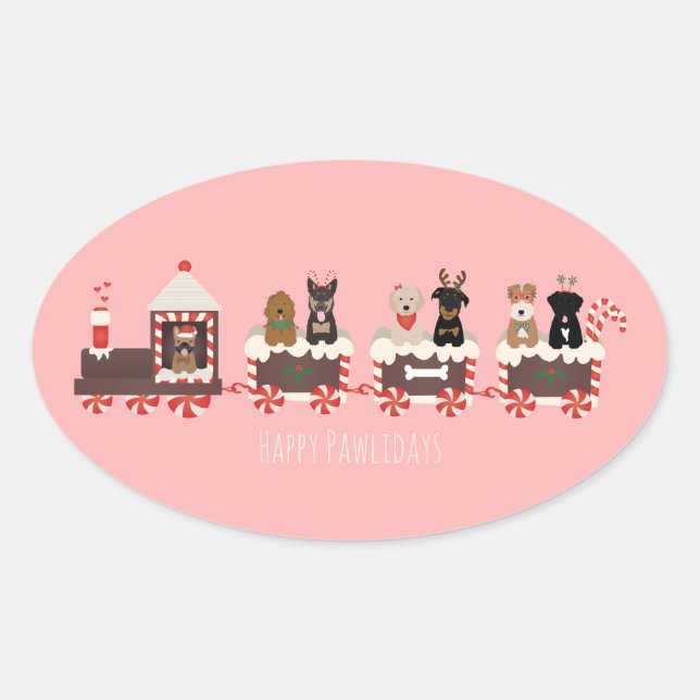 Happy Pawlidays Dog Christmas Holiday Train Oval Sticker (Front)