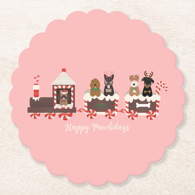 Happy Pawlidays Dog Christmas Holiday Train Paper Coaster (Front)