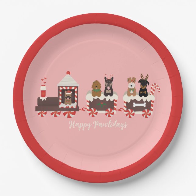 Happy Pawlidays Dog Christmas Holiday Train Paper Plates (Front)
