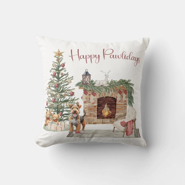 Happy Pawlidays Dog Design- Airedale Throw Pillow (Front)