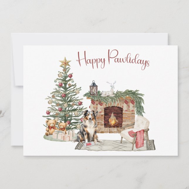 Happy Pawlidays Dog Design- Australian Shepherd Holiday Card (Front)