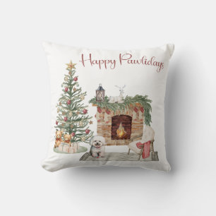 Happy Pawlidays Dog Design- Bichon Frise Throw Pillow