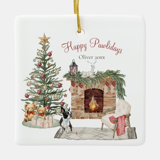 Happy Pawlidays Dog Design- Boston Terrier Ceramic Ornament (Front)