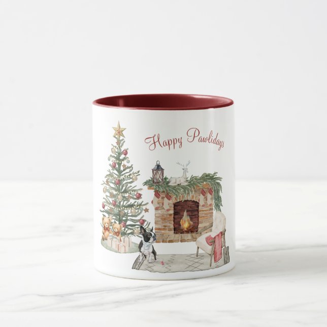 Happy Pawlidays Dog Design- Boston Terrier Mug (Center)