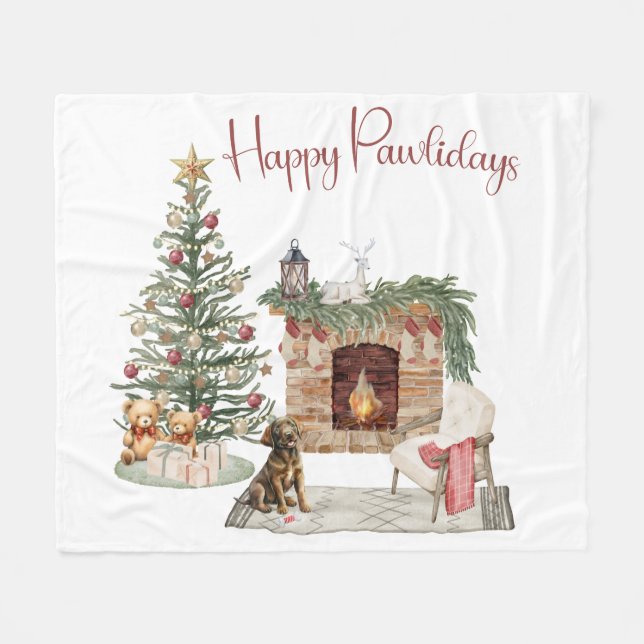 Happy Pawlidays Dog Design- Chocolate Labrador Fleece Blanket (Front (Horizontal))
