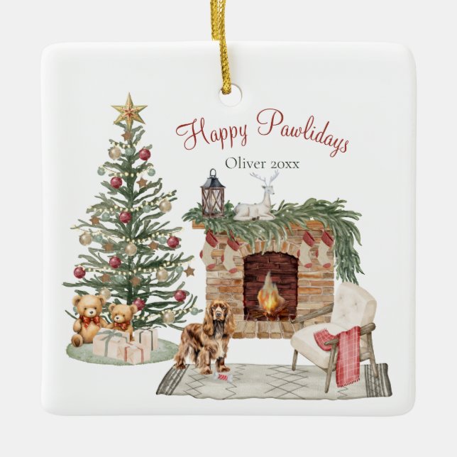 Happy Pawlidays Dog Design- Cocker Spaniel Ceramic Ornament (Front)