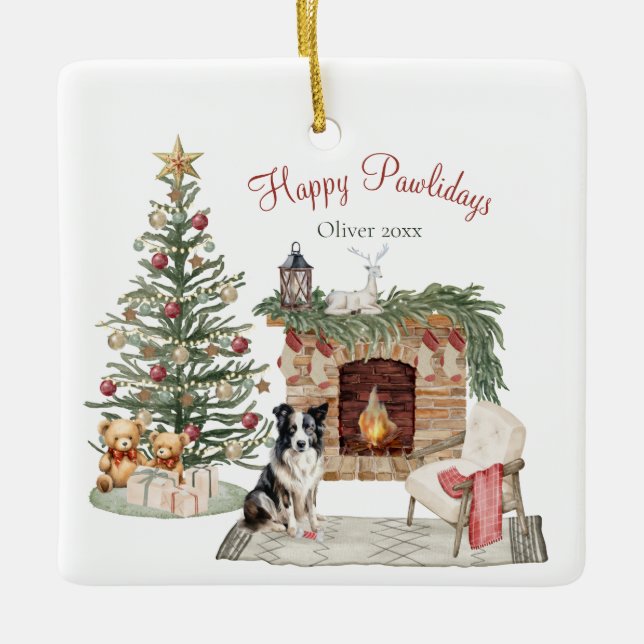 Happy Pawlidays Dog Design- Collie Ceramic Ornament (Front)
