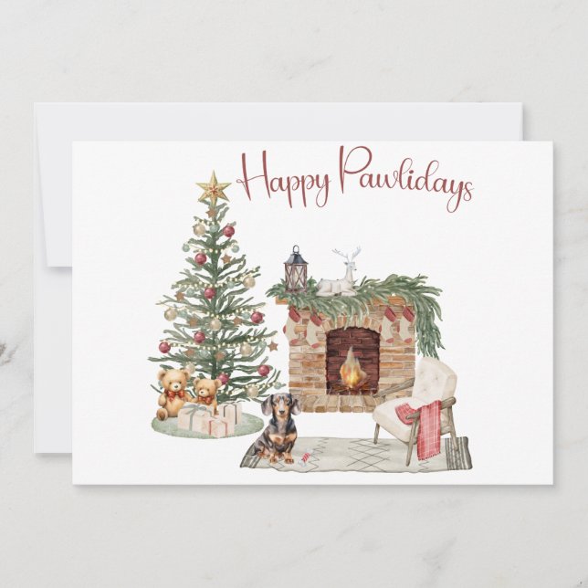 Happy Pawlidays Dog Design- Dachshund Holiday Card (Front)