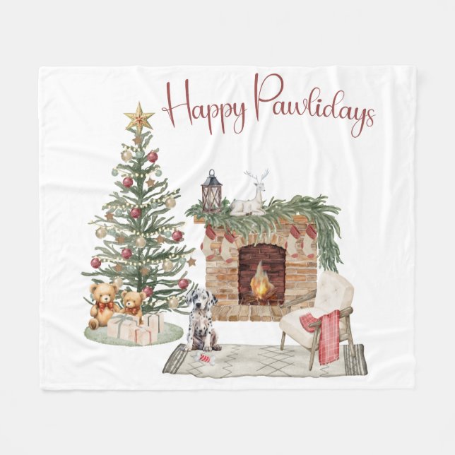 Happy Pawlidays Dog Design- Dalmatian Fleece Blanket (Front (Horizontal))
