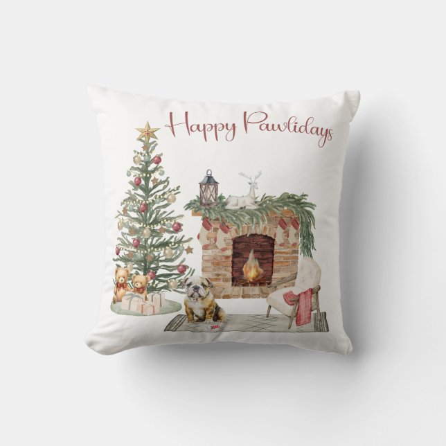 Happy Pawlidays Dog Design- English Bulldog Throw Pillow (Front)