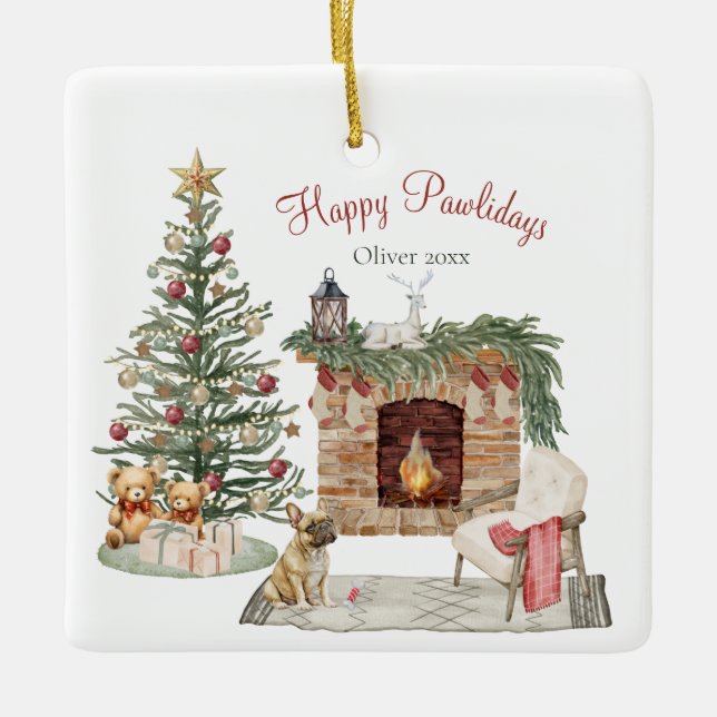 Happy Pawlidays Dog Design- French Bulldog Ceramic Ornament (Front)