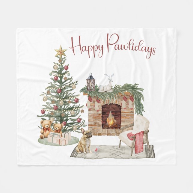 Happy Pawlidays Dog Design- French Bulldog Fleece Blanket (Front (Horizontal))