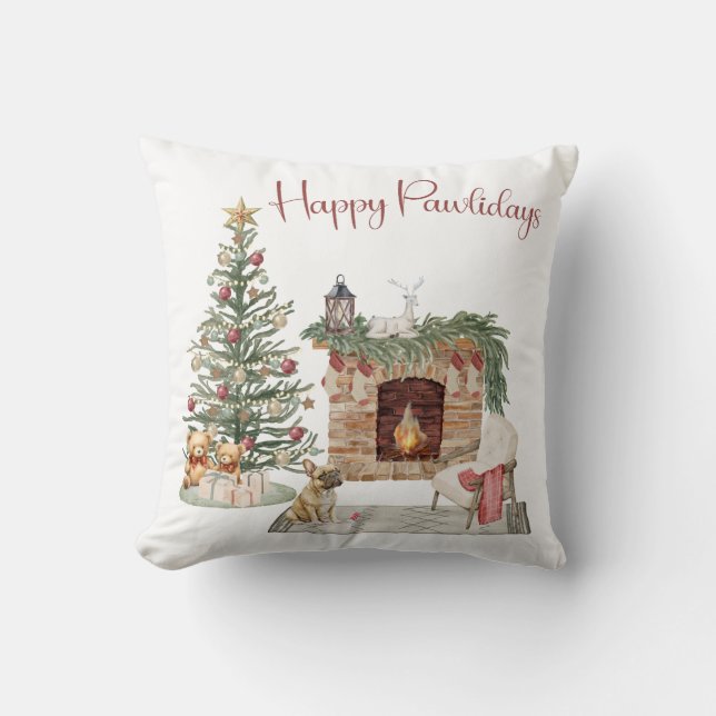 Happy Pawlidays Dog Design- French Bulldog Throw Pillow (Front)