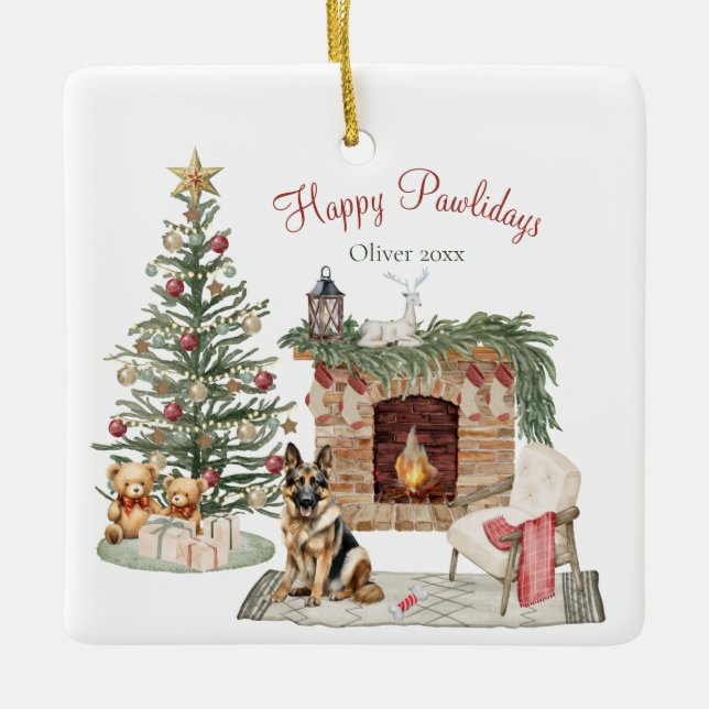 Happy Pawlidays Dog Design- German Shepherd Ceramic Ornament (Front)