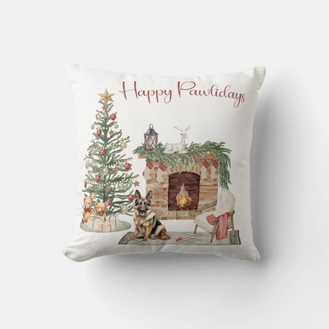 Happy Pawlidays Dog Design- German Shepherd Throw Pillow (Front)