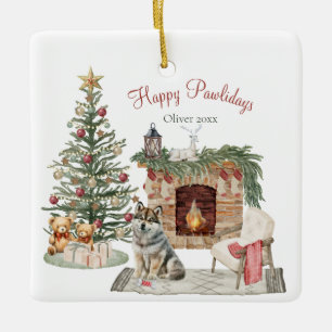 Happy Pawlidays Dog Design- Husky Ceramic Ornament