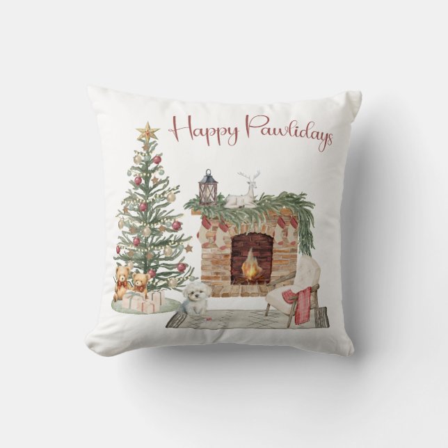 Happy Pawlidays Dog Design- Maltese Throw Pillow (Front)