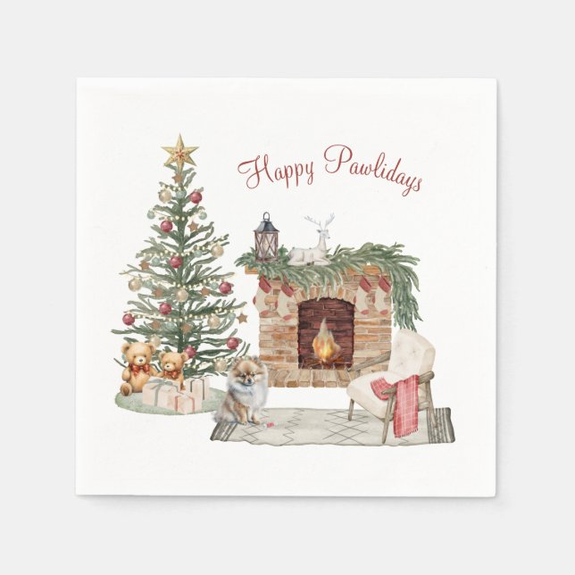 Happy Pawlidays Dog Design- Pomeranian Napkins (Front)