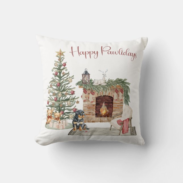 Happy Pawlidays Dog Design- Rottweiler Throw Pillow (Front)