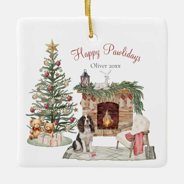 Happy Pawlidays Dog Design- Springer Spaniel Ceramic Ornament (Front)