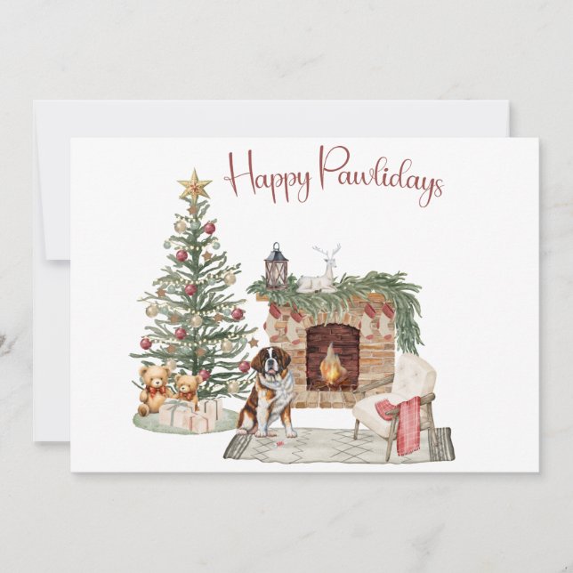 Happy Pawlidays Dog Design- St. Bernard Holiday Card (Front)