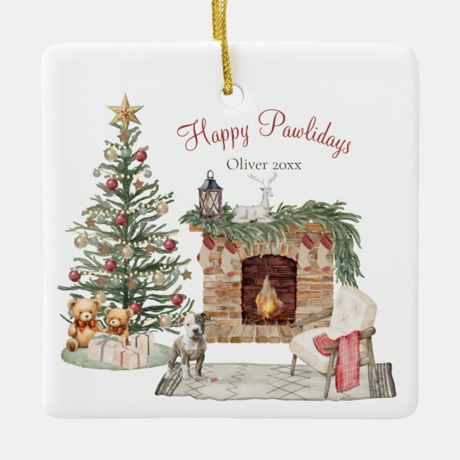 Happy Pawlidays Dog Design- Staffordshire Terrier Ceramic Ornament (Front)