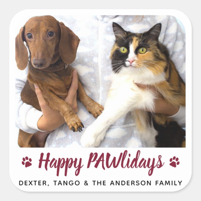 Happy PAWlidays Dog Lover Cat Pet Photo Christmas Square Sticker (Front)